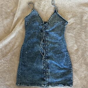 Denim Lace-Up Spaghetti Strap Dress - Blue